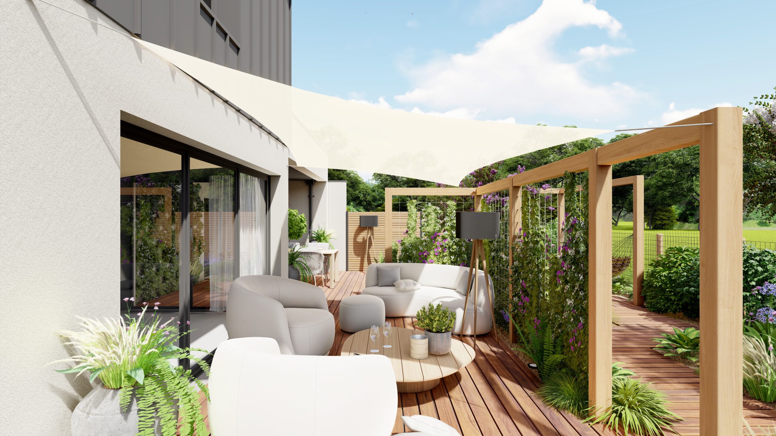 Aménagement d’une terrasse bois avec pergola et d’un jardin à Rennes, Paysagiste FRED TOMA