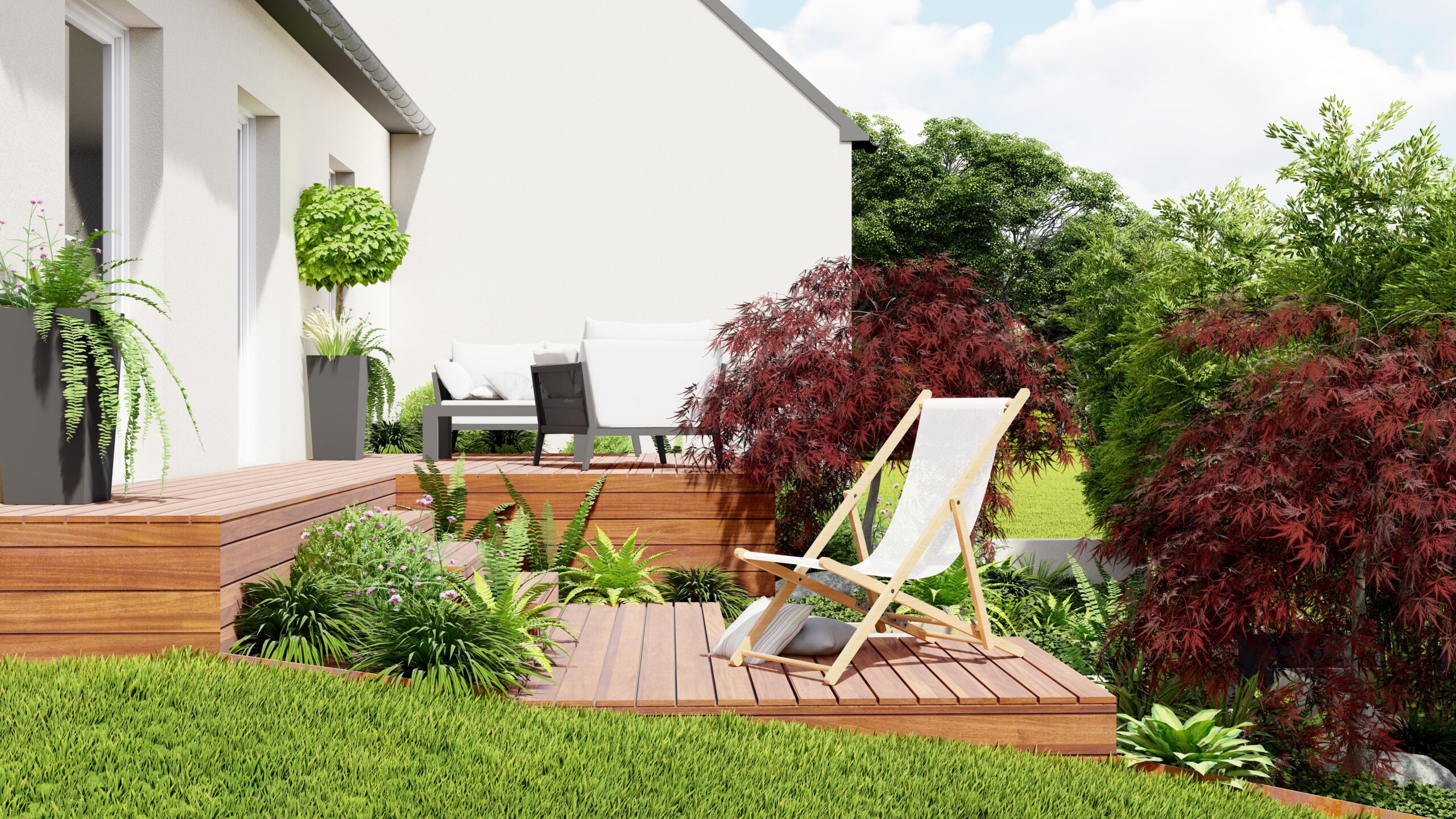 Création d’un jardin urbain avec terrasses bois dans une cour fermée, Paysagiste FRED TOMA